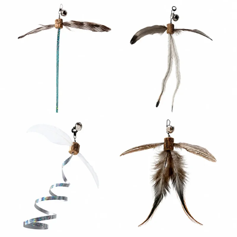 silvervine-spinning-feather-cat-toy-four-styles. Four cat wand attachments made with silvervine for cats, natural feather wings, bells, and feather or iridescent ribbon tails