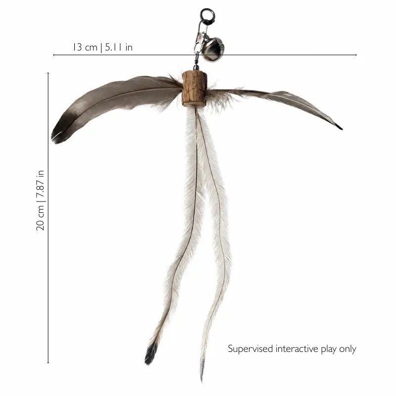 twin-tail-feather-teaser-for-cats-silvervine-size Gray feather teaser for cats with a silvervine body, bell, 13 cm wingspan and two long feather tails measuring 20 cm overall.