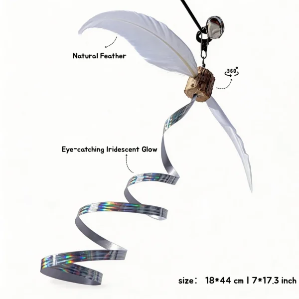 White Feather Iridescent Swirl Ribbon silvervine cat wand replacement with shiny ribbon and natural feather movement