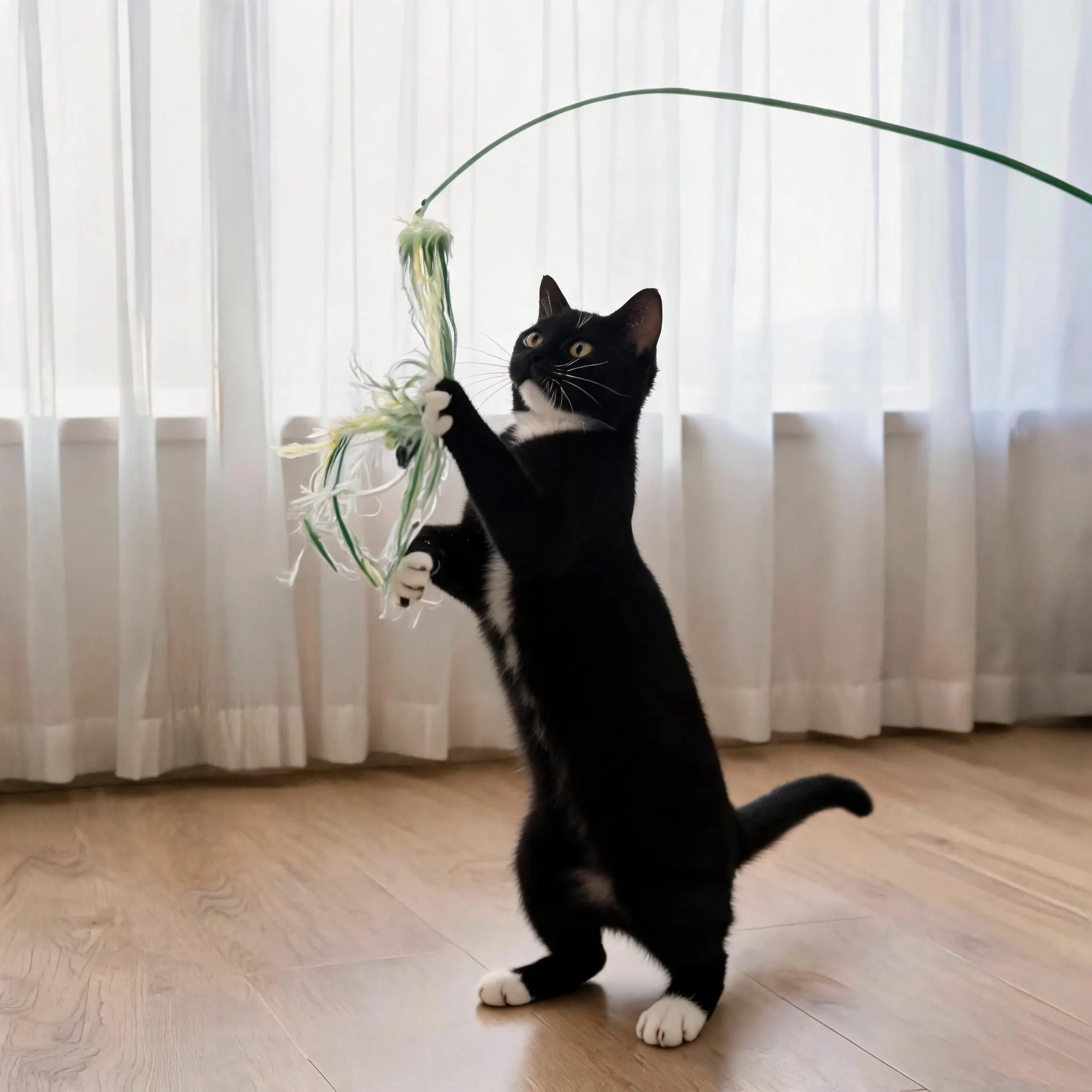 Shop cat toys, featuring a tuxedo cat playing with a feather wand near a bright window.