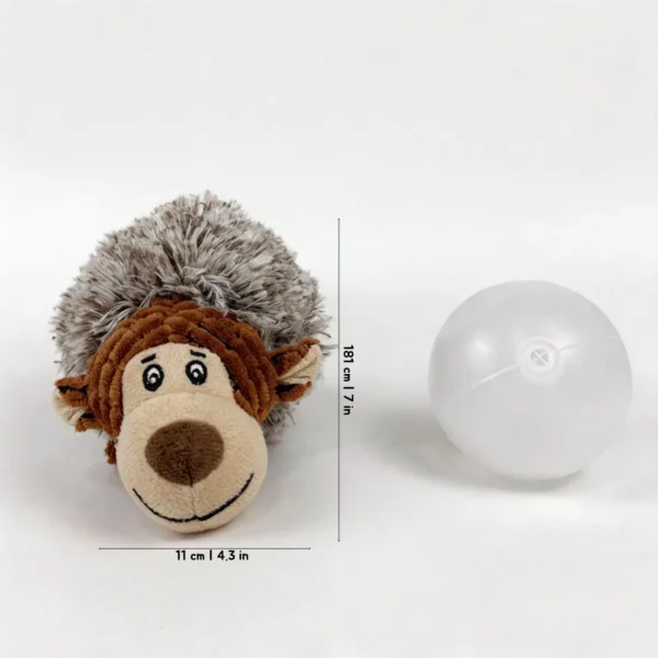 Cocoa Monkey plush squeaky dog ball toy shown beside its squeaker ball insert, measuring 18 cm tall and 11 cm wide.