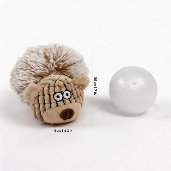 Cream bear plush squeaky dog ball toy shown beside the squeaker ball insert, with 18 cm height and 11 cm width marked.