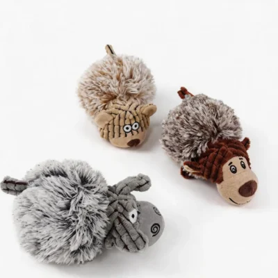Cream Bear Cocoa Monkey Gray Sheep Plush Squeaky Dog Ball Toy Three plush squeaky animal dog ball toys on a white background, featuring Cream Sheep, Cocoa Monkey, and Gray Bear styles.