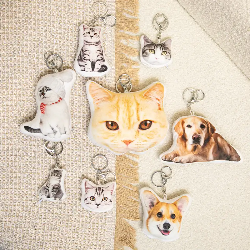 Shop pet keepsakes, featuring custom cat and dog photo keychains arranged on a woven blanket.