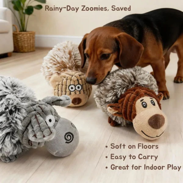Dachshund sniffing soft plush squeaky animal dog ball toys on a living room floor, with text highlighting rainy-day indoor play.
