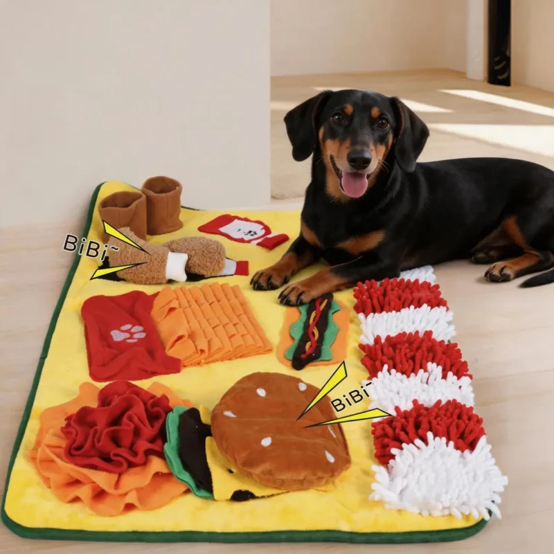 Black and tan dachshund resting on a fast-food snuffle mat with squeaky burger, chicken toys, fries, and fluffy treat-search zones.