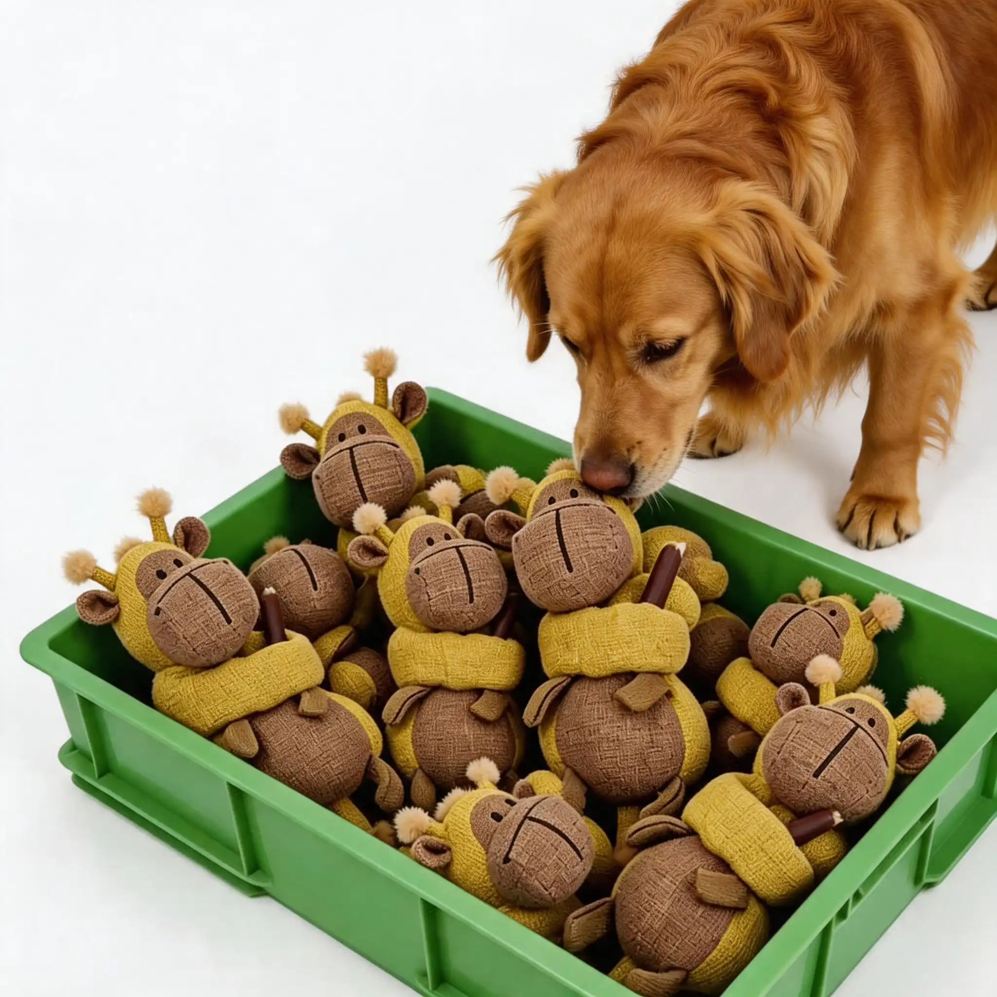 Shop dog toys, featuring a golden retriever sniffing soft giraffe plush toys in a green bin.