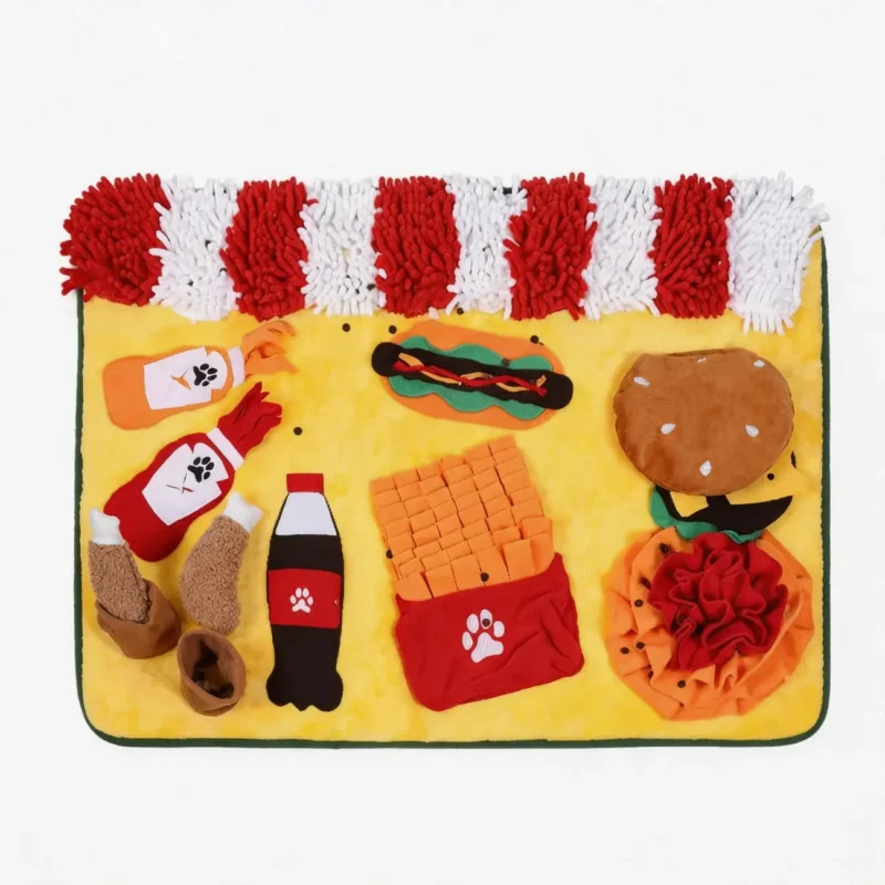 Yellow Fast-Food Snuffle Mat for Dogs with burger, fries, drink, sauce pockets, cups, and red-and-white chenille treat-hiding strips.