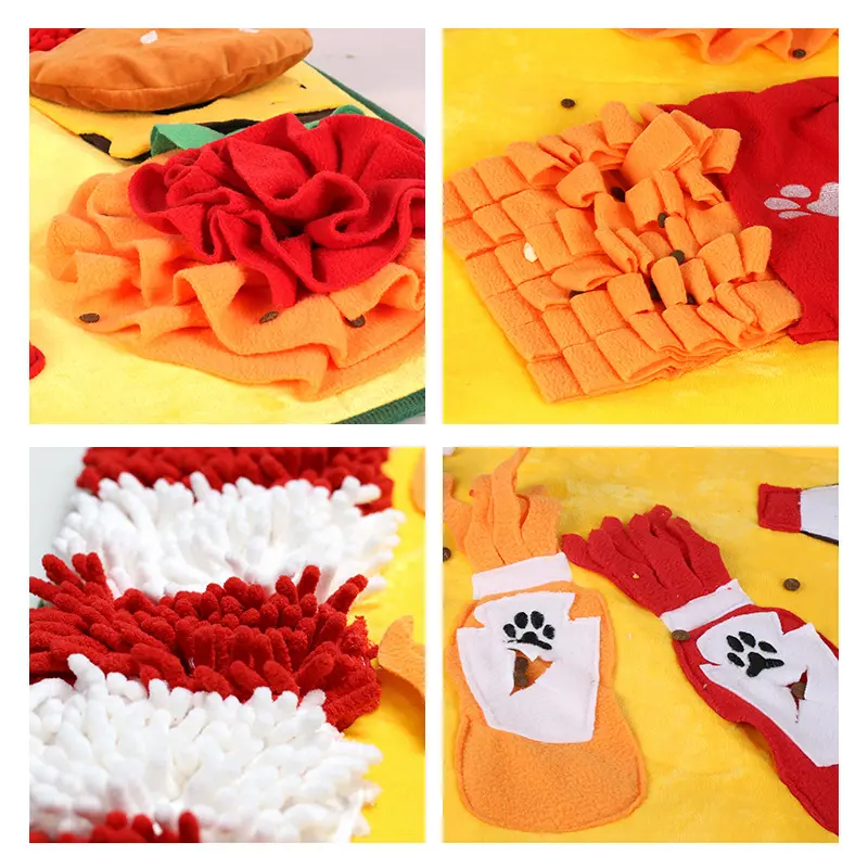 Close-up of treat-hiding zones on a yellow dog snuffle mat, including flower folds, fry pockets, sauce sleeves, and chenille strips.