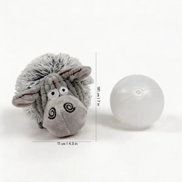 Gray ship plush squeaky dog ball toy shown with its inner squeaker ball, measuring 18 cm tall and 11 cm wide.