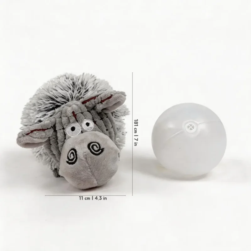 Gray ship plush squeaky dog ball toy shown with its inner squeaker ball, measuring 18 cm tall and 11 cm wide.