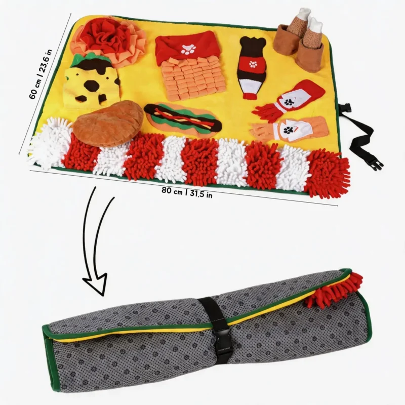 Large 80 by 60 cm fast-food snuffle mat shown flat and rolled up, with a gray non-slip backing and buckle strap for storage.
