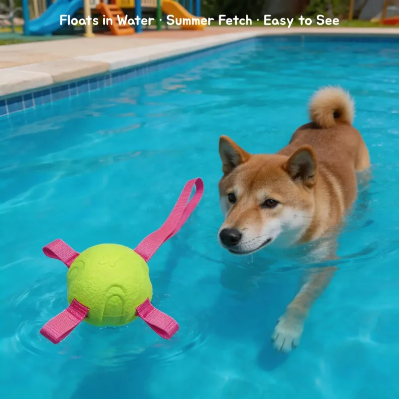 Lime etpu Dog Fetch Ball Pink Strap Floating Pool Toy A dog swims toward the floating Lime Ball with Pink Strap in a pool, showing summer fetch play that is easy to see.
