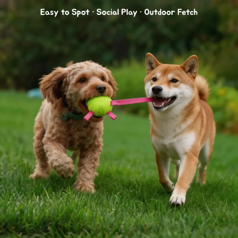 Lime ETPU Dog Fetch Ball With Pink Strap Outdoor Play A dog plays indoor tug with the White Ball with Gray Strap while the owner holds the strap for cleaner, hands-off play.