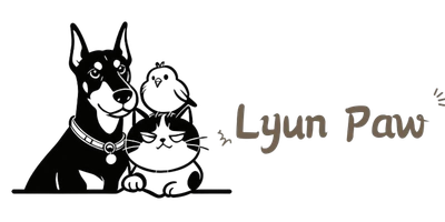 Lyun Paw logo featuring a dog, cat, and bird for a pet toy store.