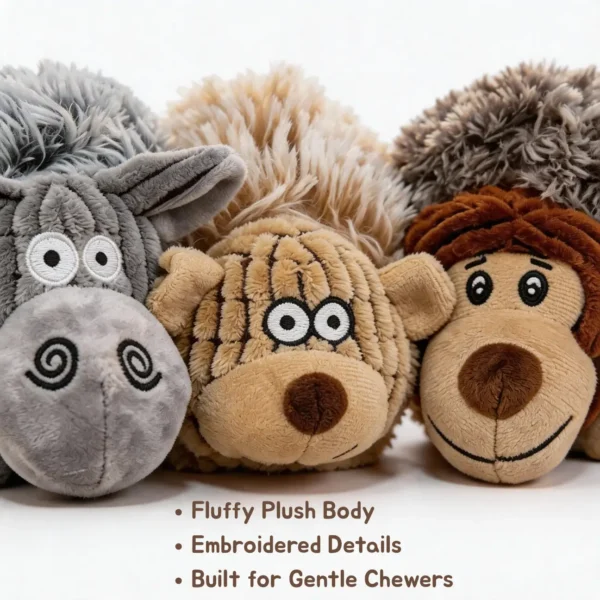 Close-up of Gray Sheep, Cream Bear, and Cocoa Monkey plush dog ball toys showing fluffy texture and embroidered face details.