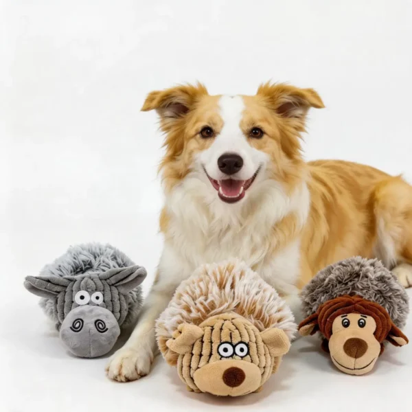 Happy Border Collie lying behind three plush squeaky animal dog ball toys in Cream Sheep, Cocoa Monkey, and Gray Bear designs.