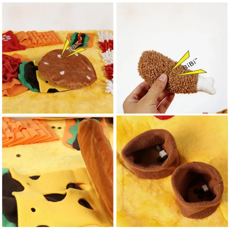 Detail view of the burger layers, squeaky chicken leg, cheese flap, and cup pockets for hiding treats on the fast-food snuffle mat.