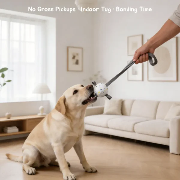 A dog plays indoor tug with the White Ball with Gray Strap while the owner holds the strap for cleaner, hands-off play.