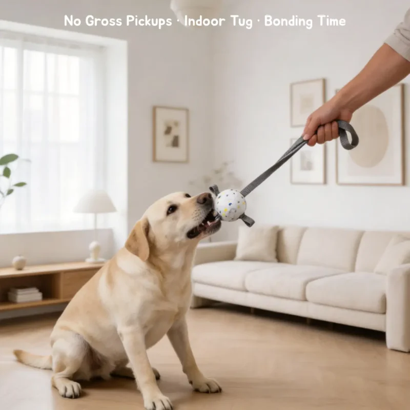 White ETPU Dog Fetch Ball Gray Strap Indoor Tug Play A dog plays indoor tug with the White Ball with Gray Strap while the owner holds the strap for cleaner, hands-off play.
