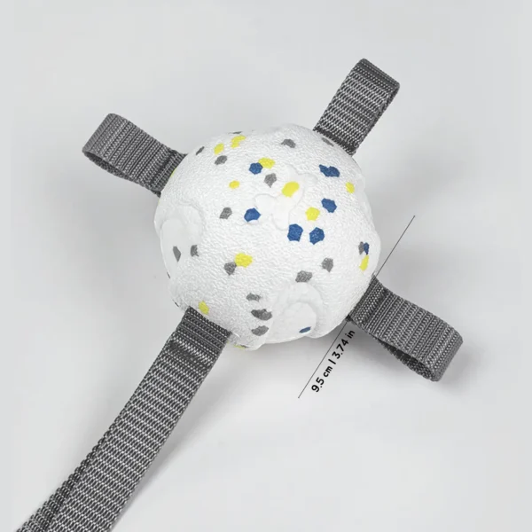 Close-up of the White Ball with Gray Strap, showing the 9.5 cm / 3.74 in size of the soft-bite ETPU dog ball.