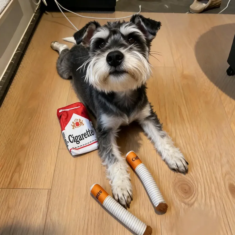 Miniature Schnauzer lying on a light wood floor beside a cig dog toy set with a plush pack and loose pieces.