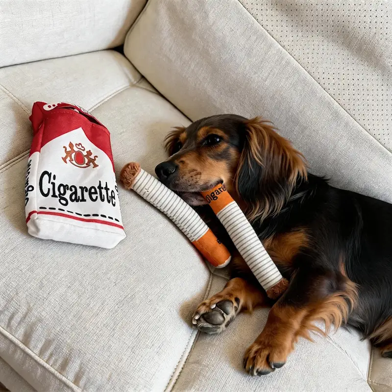 Dachshund resting on a cream sofa while holding a plush piece from the novelty smoking dog toy set.