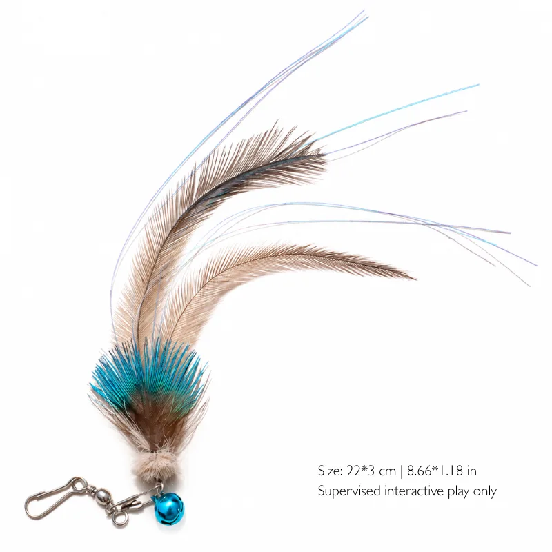 blue-cat-feather-wand-replacement-size Blue cat feather wand replacement with a deer-hair head, peacock-feather body, long emu feather tail, and 8.66 by 1.18 inch size.