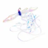blue-crinkle-cat-toy-dragonfly-attachment Blue crinkle cat toy dragonfly attachment with iridescent wings, long streamers, a pink bead and metal clip on white.