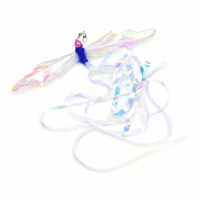 blue-crinkle-cat-toy-dragonfly-attachment Blue crinkle cat toy dragonfly attachment with iridescent wings, long streamers, a pink bead and metal clip on white.