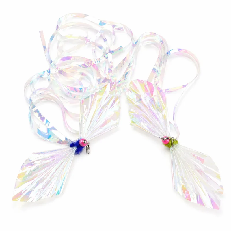 blue-green-crinkle-film-dragonfly-cat-toys Blue and green Crinkle Film Dragonfly Cat Toys with iridescent wings, long shimmering tails and metal wand clips on a white background.