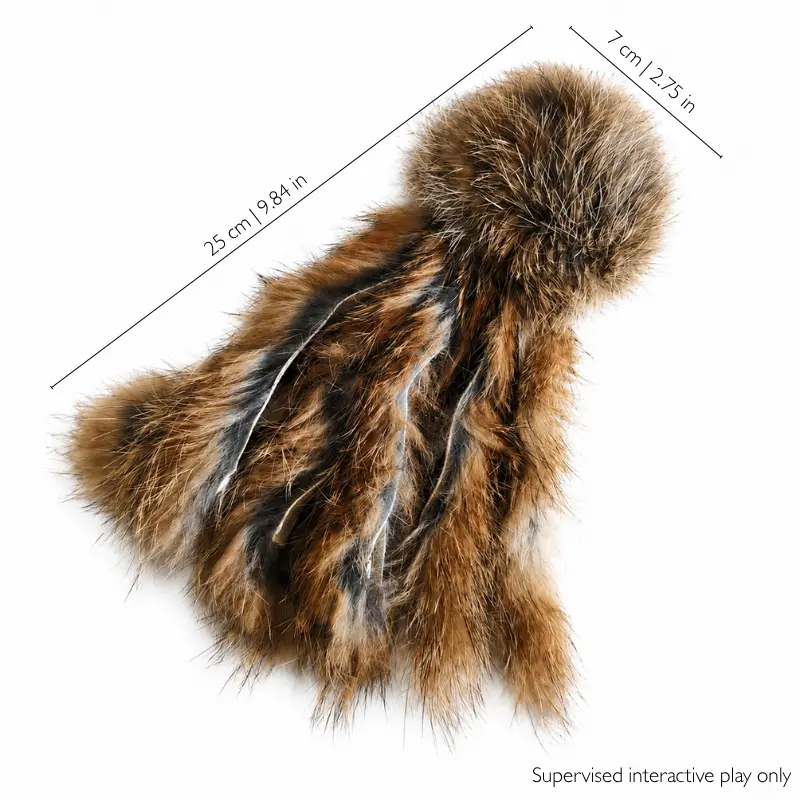 Brown rabbit fur cat kicker showing 25cm length and fluffy texture made for cats who love grabbing and kicking.