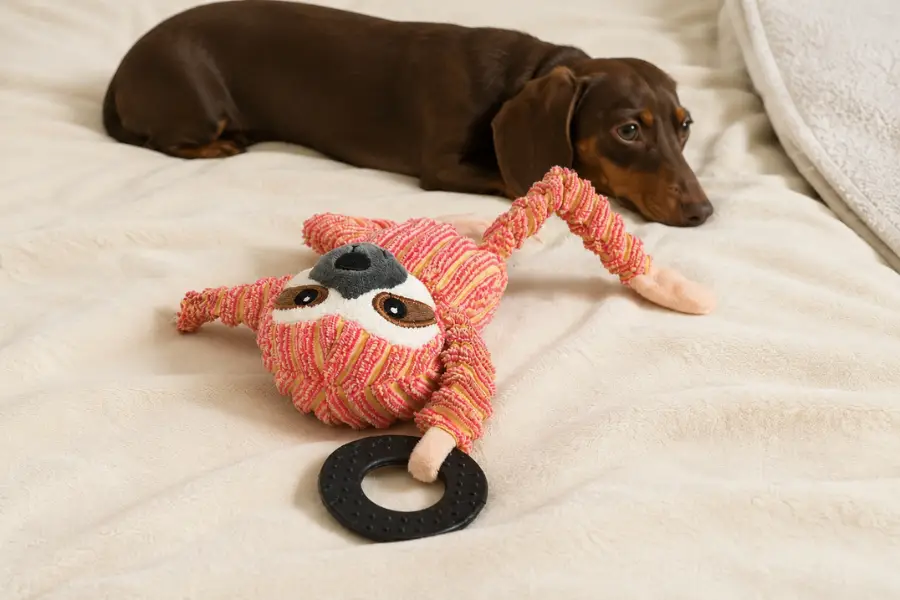 Brown dachshund resting on a bed beside a pink plush dog toy with a rubber ring.