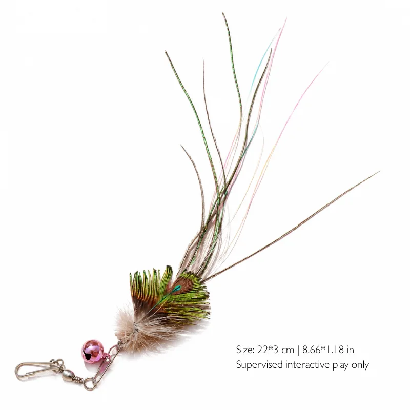 green-peacock-feather-bird-cat-wand-toy-size Green peacock feather bird cat feather wand toy with a soft deer-hair head, long trailing feather tail, shimmer strands, and 8.66 by 1.18 inch size.