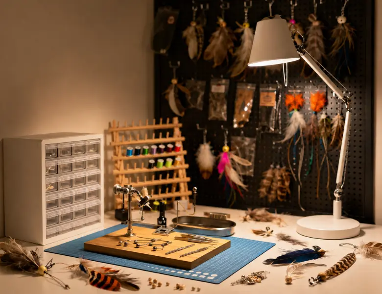 Handmade cat toy workbench with natural feathers, tools, thread, and wand toy attachments in the making.