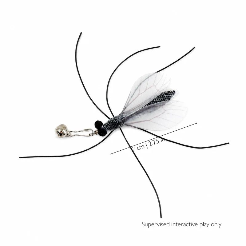 Long Leg Mosquito Cat Teaser Toys with veined mesh wings, six long silicone legs, bell, and 2.75-inch body shown on a white background.