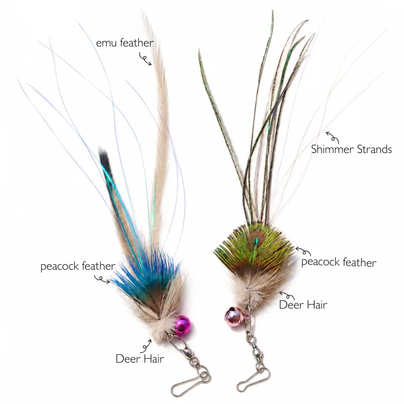 peacock-feather-bird-cat-teaser-lure-materials Two Peacock Feather Bird Cat Teaser Replacement Lures showing deer hair, peacock feather, emu feather, and long shimmer-strand details.