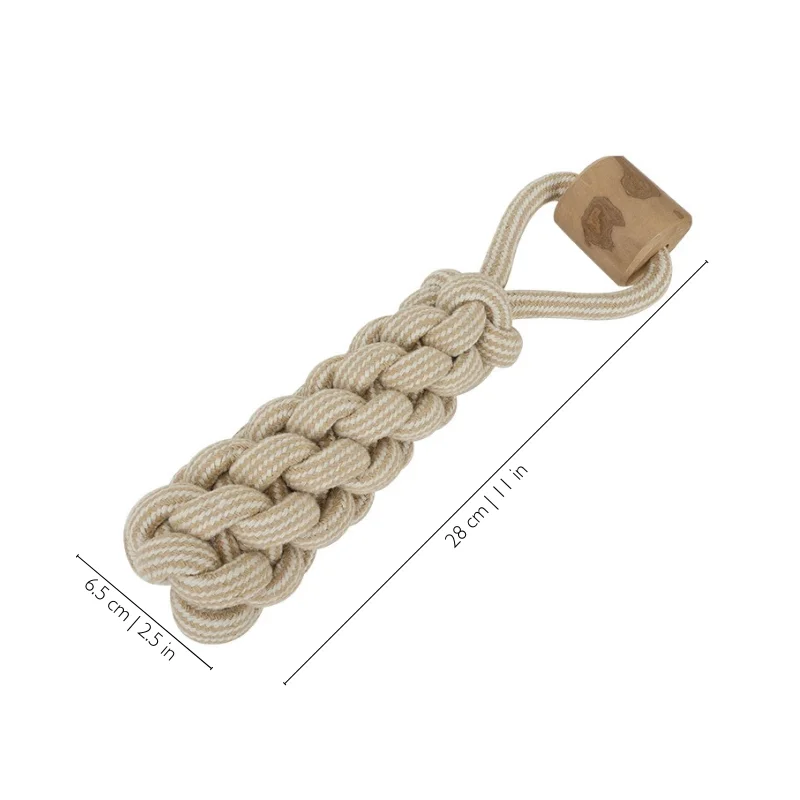 braided-coffee-wood-rope-chew-toy-corn-design Corn-shaped braided coffee wood rope chew toy with thick woven rope body and handle loop, designed as a tug of war dog toy for active dogs.