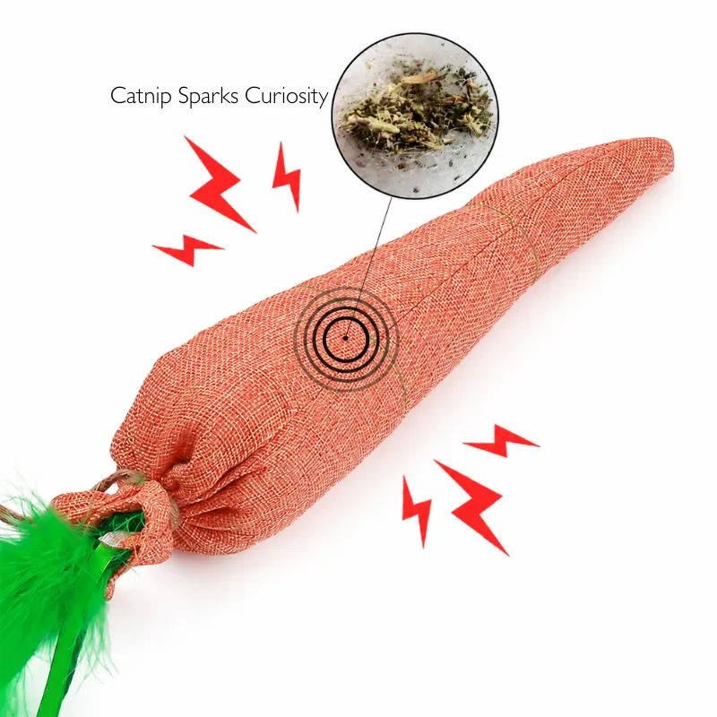 Carrot catnip toy showing built-in catnip filling to encourage sniffing and exploration.