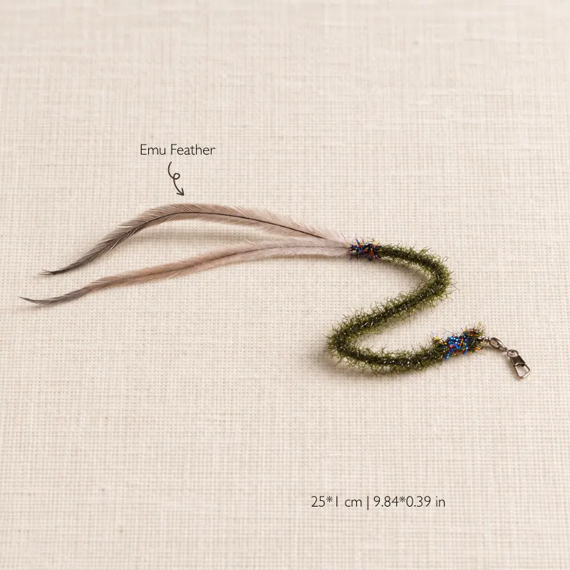 cat-caterpillar-toy-emu-feather-tail-wand-replacement Handmade cat caterpillar toy with a curved fuzzy body and emu feather tail for interactive cat wand play and crawling prey simulation.