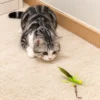 Cat watching a green grasshopper wand toy on the carpet during interactive hunting play.