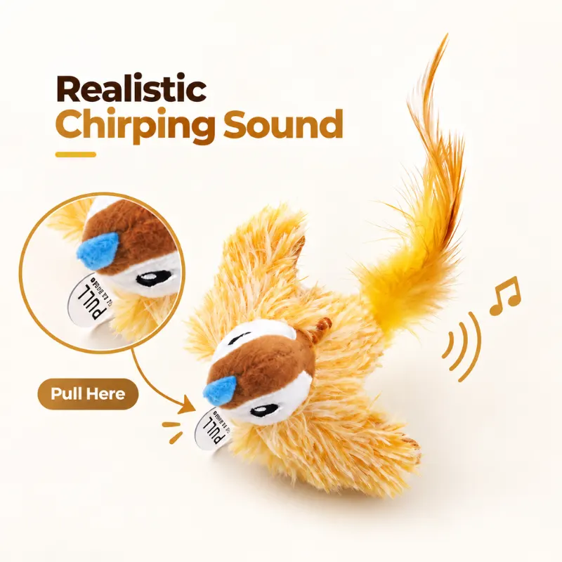 chirping-cat-toy-sound-activation-pull-tab Chirping cat toy activated by pulling the protective tab to create realistic bird sounds.