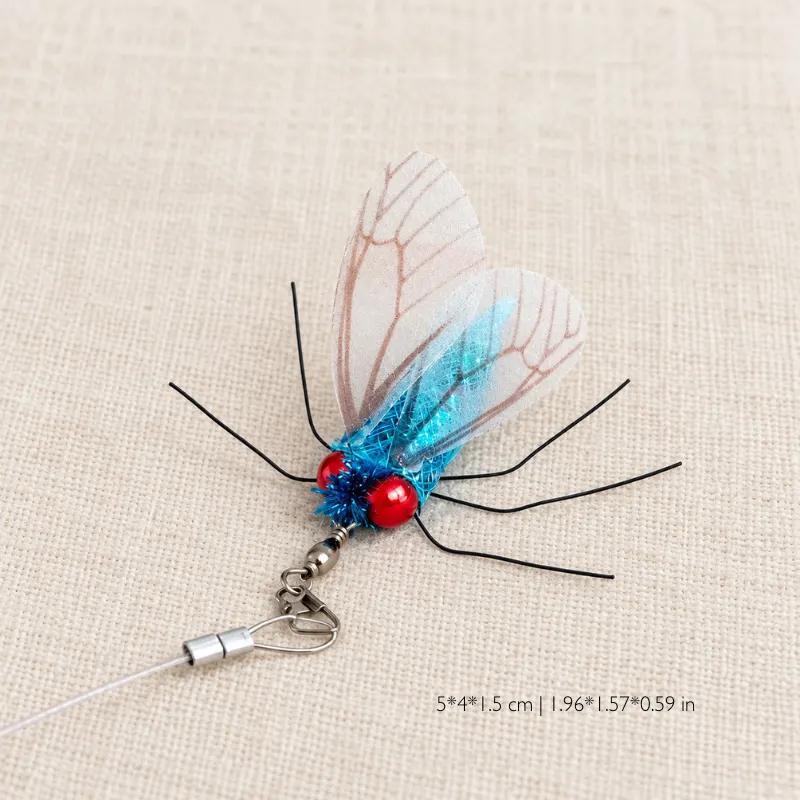 cicada-cat-toy-transparent-wings-insect-teaser-attachment Close-up of a cicada cat toy with transparent wings and insect details designed as an interactive cat wand replacement attachment.