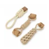 coffee-wood-rope-tug-toys-for-dogs-collection Three coffee wood rope tug toys for dogs shown together with different braided rope designs, handles, and wood chew sections for interactive play.