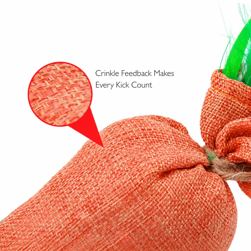 Crinkly cat toy with textured burlap fabric designed for gripping, biting, and wrestling play.