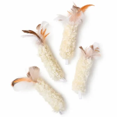 curly-wool-tempura-kicker-toys-for-kittens Curly wool tempura kicker toy for kittens with feather details for wrestling and kicking play