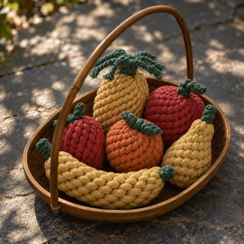 Basket filled with cute dog toys shaped like pineapple, apple, strawberry, orange, pear and banana in braided cotton rope.