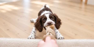 dog-rope-tug-toy-interactive-tug-of-war-with-owner. Dog enjoying a fun tug of war game with a rope tug toy, encouraging exercise, engagement, and quality bonding time with owners.