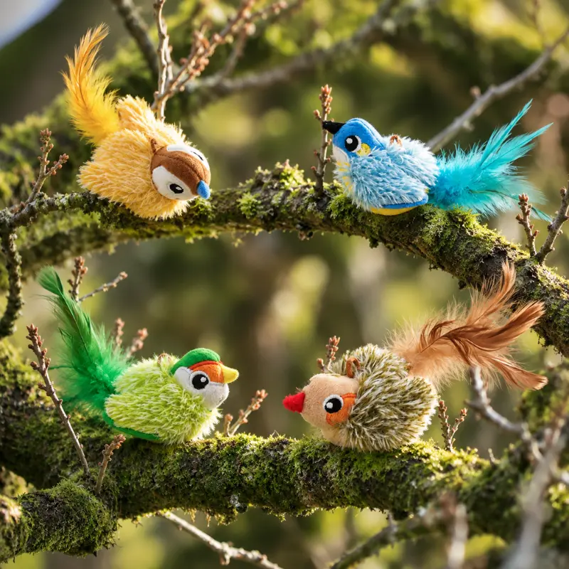 four-bird-designs-chirping-cat-toy-outdoor-display Four colorful bird designs of a chirping cat toy displayed on a tree branch.