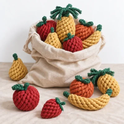 fruit-hamper-rope-toys-for-dogs-collection Fruit Hamper rope toys for dogs in six cotton rope designs, including apple, strawberry, orange, pear, pineapple and banana.